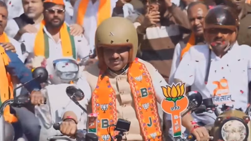 Maharashtra civic polls: Fadnavis rides Royal Enfield during Mahayuti roadshow in Nagpur