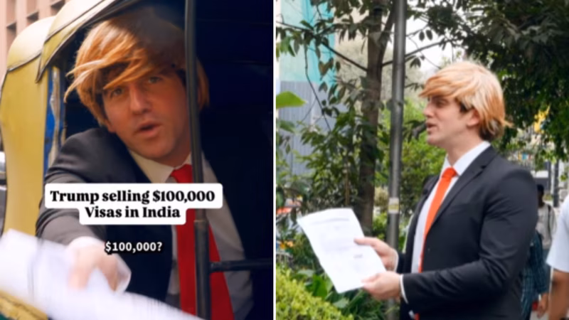 'Buy one get one free': Comedian dressed as Trump sells H1B visas in India - video